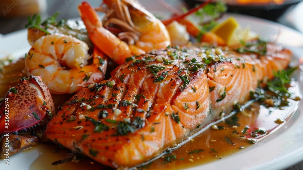 A gourmet seafood platter featuring a whole roasted salmon glazed with maple mustard sauce, served alongside grilled shrimp and lobster tails.