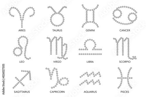 Collection of symbols of zodiac sign on white background.