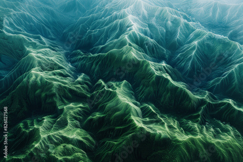 Minimalist aerial view of mountain ridges, showcasing sharp lines and natural patterns in the terrain.  photo