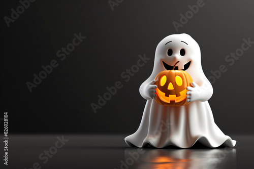 Obraz na płótnie 3D cartoon ghost holding pumpkin, Halloween theme.