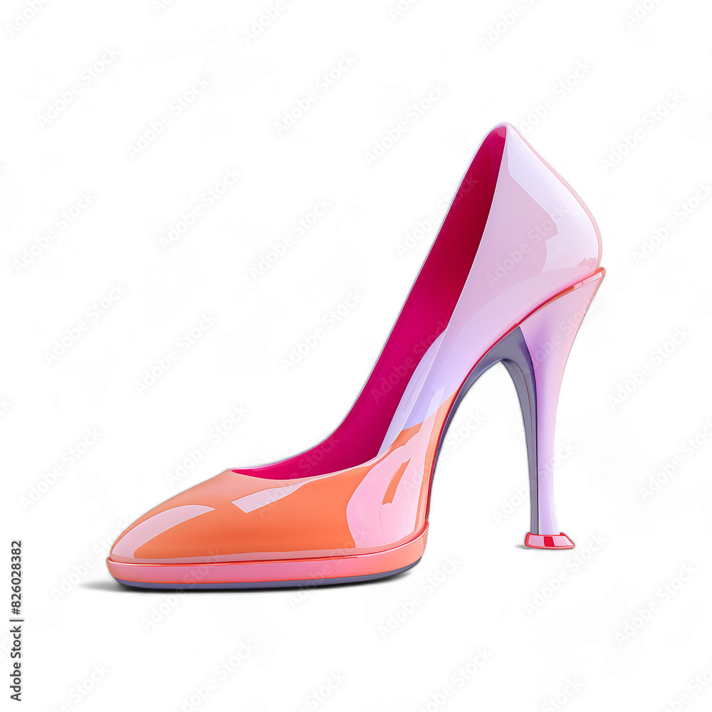 A pink and orange high heel shoe with a purple stripe, isolated on transparent background, PNG. A pink and orange high heel shoe with a purple stripe, isolated on transparent background, PNG.