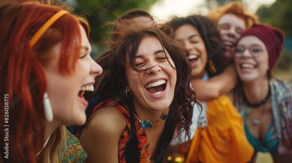 Colorful and lively group of friends laughing and enjoying a moment of joy together in a festive outdoor setting Colorful and lively group of friends laughing and enjoying a moment of joy together in a festive outdoor setting