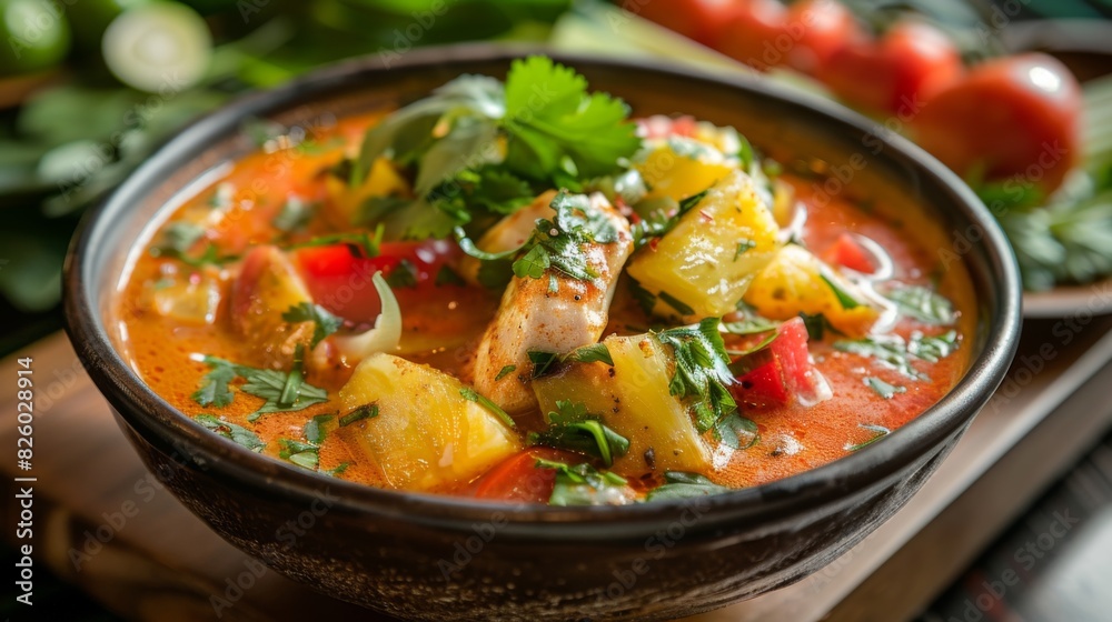 A mouthwatering bowl of Kaeng Som, Thai sour curry with fish, pineapple, tomatoes, and herbs, offering a perfect balance of tangy and spicy flavors.