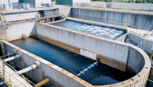 Aerial view of large circular wastewater treatment tanks at an industrial facility. The image shows flowing water and surrounding infrastructure.. AI Generation