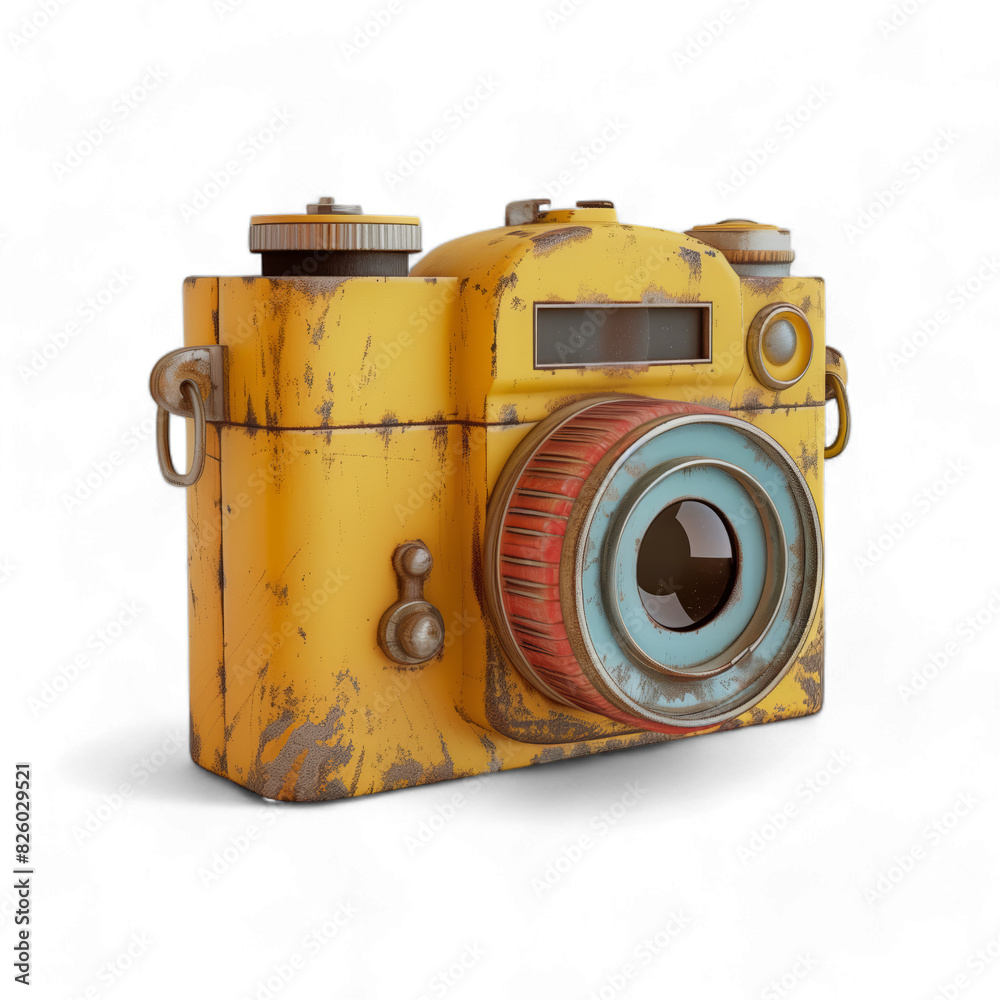 A yellow camera with a black dial, isolated on transparent background, PNG.
