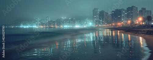 Double exposure of a night city skyline blending into a calm beach, illustrating the juxtaposition of urban energy and natural calm. © Thitiphan