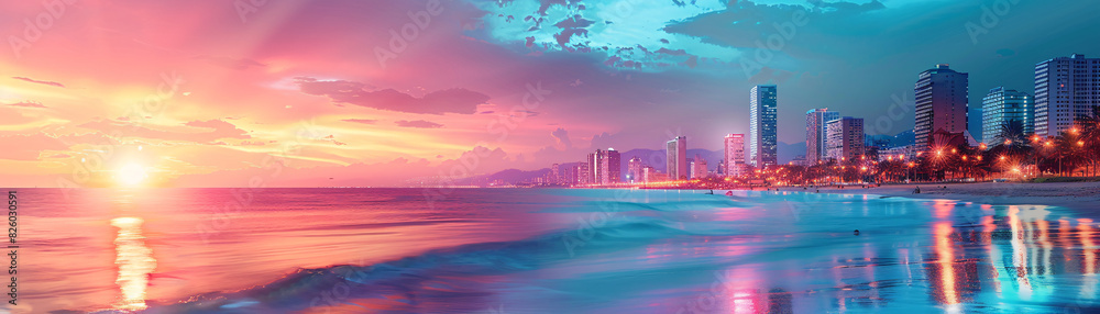 Double exposure of a peaceful beach at sunset and a dynamic cityscape at night, representing the balance between relaxation and activity. Double exposure of a peaceful beach at sunset and a dynamic cityscape at night, representing the balance between relaxation and activity.