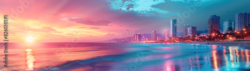 Double exposure of a peaceful beach at sunset and a dynamic cityscape at night, representing the balance between relaxation and activity.