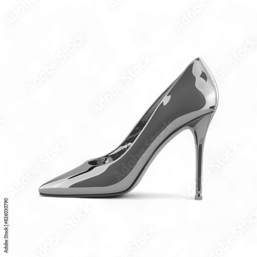 A silver high heel shoe with a pointed toe, isolated on transparent background, PNG.