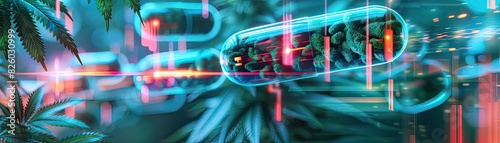 A medical infographic illustrating the benefits of cannabis in pain relief, futuristic style, neon green and blue, high-tech holographic elements