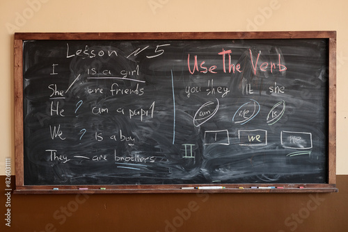 No people shot of blackboard with writings on it prepared for English lesson in modern classroom interior