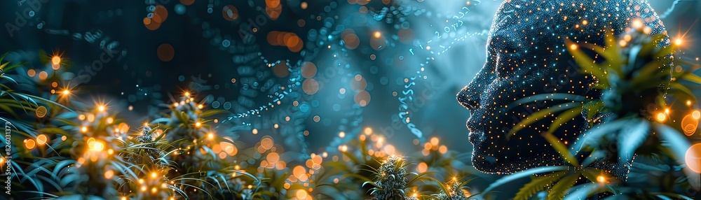 A futuristic hologram depicting cannabis's impact on brain receptors, high-tech style, glowing blue hues, 3D rendering