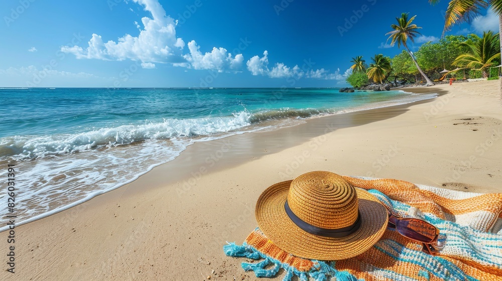 Summer beach scene : golden sand, crystal-clear blue waters, and gentle waves under a sky dotted with fluffy white clouds, beach towel ,sunhat and sunglasses, relaxing and cheerful atmosphere Summer beach scene : golden sand, crystal-clear blue waters, and gentle waves under a sky dotted with fluffy white clouds, beach towel ,sunhat and sunglasses, relaxing and cheerful atmosphere