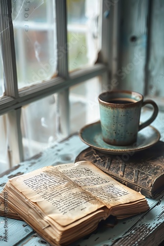 A writer s nook with a coffee mug, manuscript pages, and a worn pocketbook on an old white table