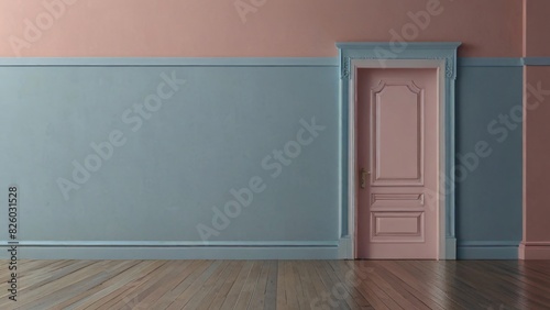 room with blue wall and pink door 