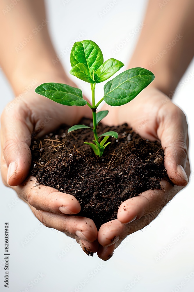 A hand holding a small plant. The plant is growing out of the soil in the palm of the hand. The hand is holding the plant up to the light. A hand holding a small plant. The plant is growing out of the soil in the palm of the hand. The hand is holding the plant up to the light.