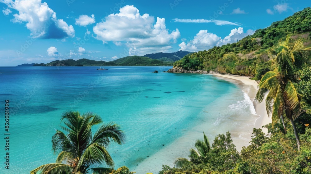 Fototapeta premium A palm-fringed coastline with turquoise waters and white sandy beaches stretching as far as the eye can see, offering a tranquil escape from the hustle and bustle.