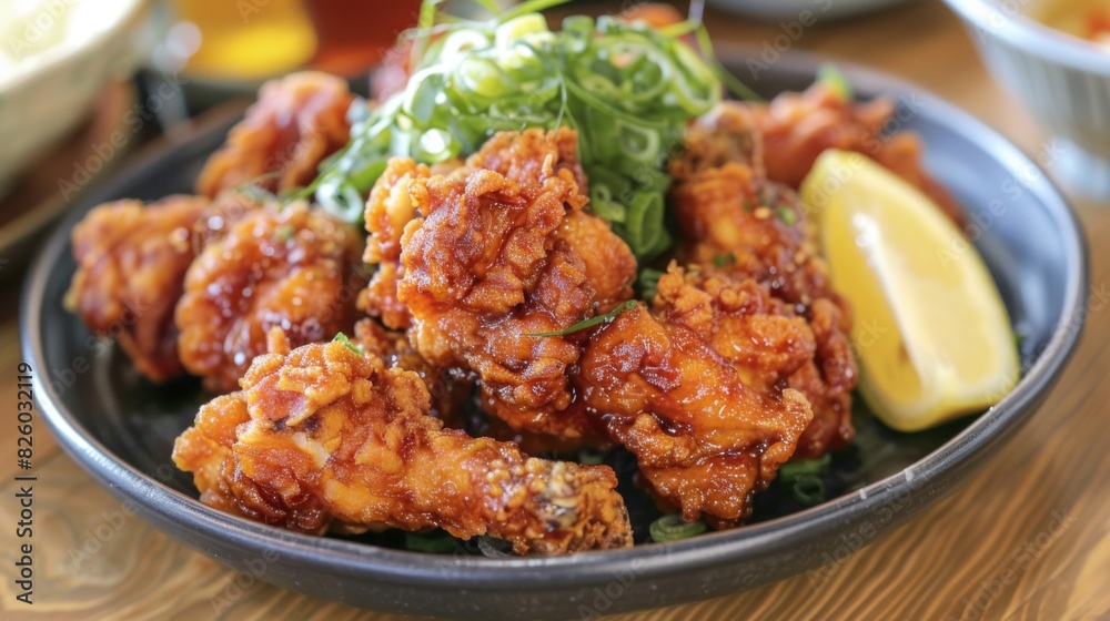 A plate of crispy and flavorful karaage, Japanese-style fried chicken marinated in soy sauce, ginger, and garlic, served with a squeeze of lemon. A plate of crispy and flavorful karaage, Japanese-style fried chicken marinated in soy sauce, ginger, and garlic, served with a squeeze of lemon.