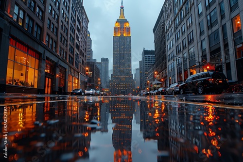 Rainy evening view of the Empire State Building reflecting in a puddle. photo