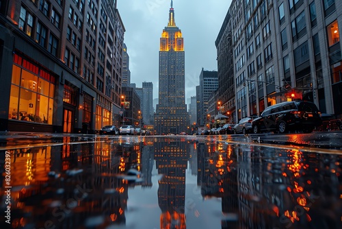 Rainy evening view of the Empire State Building reflecting in a puddle.