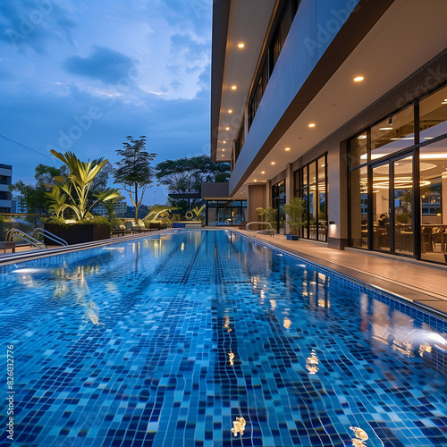 nighttime shot of a swimming pool with a blue tiled floor