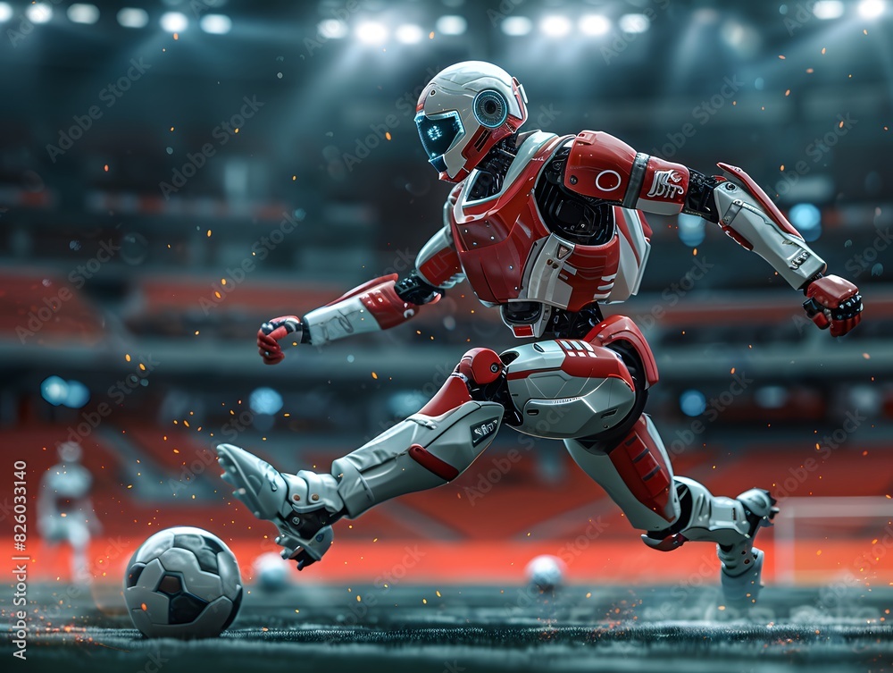 Futuristic Robot Playing Soccer in Illuminated Stadium Futuristic Robot Playing Soccer in Illuminated Stadium