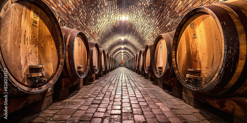 Aged oak barrels in vintage wine cellar produce fortified drysweet Marsala photo