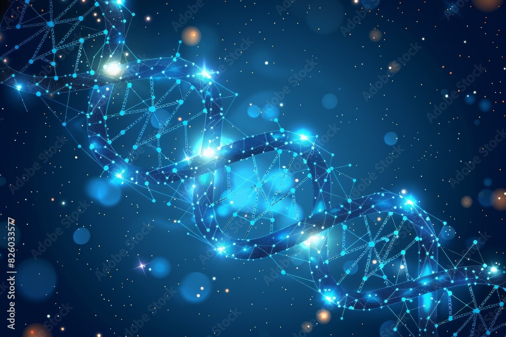 DNA strand with glowing nodes in neon blue, a vibrant depiction of molecular networks in genetics DNA strand with glowing nodes in neon blue, a vibrant depiction of molecular networks in genetics