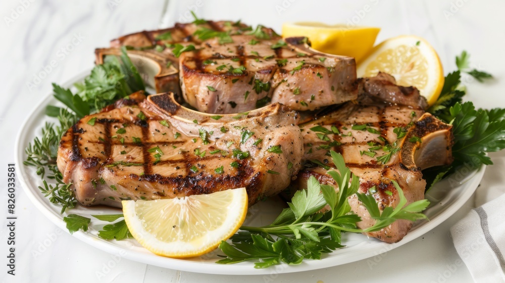 A platter of grilled pork loin chops, beautifully seared and seasoned, served with a fresh herb garnish and lemon wedges. A platter of grilled pork loin chops, beautifully seared and seasoned, served with a fresh herb garnish and lemon wedges.