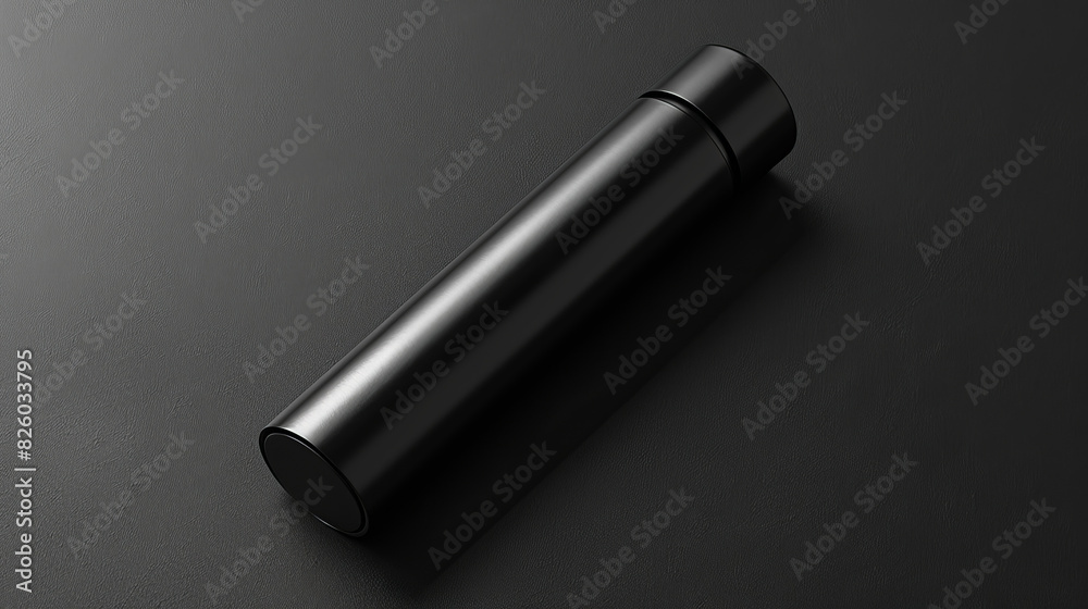 A black bottle with a black cap sits on a black surface A black bottle with a black cap sits on a black surface