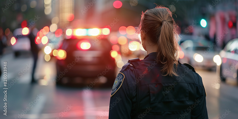 A female police officer patrolling city streets for public safety and protection