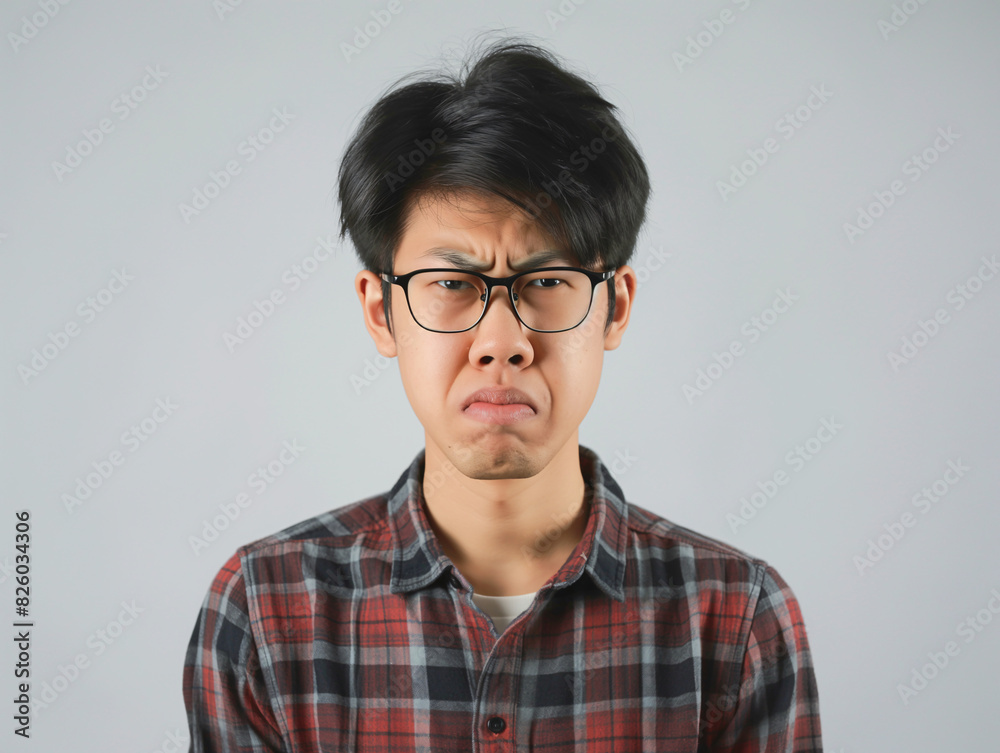 Young Man in Plaid Shirt and Glasses Displaying Displeased Facial Expression Against Gray Background Young Man in Plaid Shirt and Glasses Displaying Displeased Facial Expression Against Gray Background