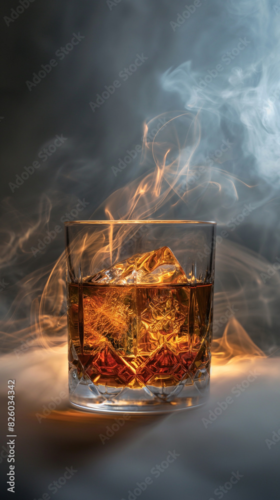 smoke billowing from a glass of whiskey with a cigarette