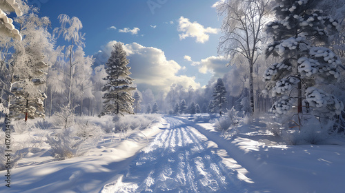 snowy path in the woods with trees and snow on the ground