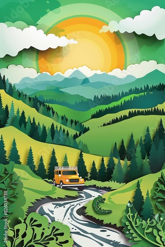 Vehicle exploring winding backroads through forests and fields, summer sunlight, vector paper cut design, adventurous spirit photo