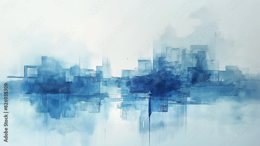painting of a city skyline with a blue sky and water