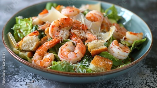 Shrimp Caesar Salad on a Blue Plate