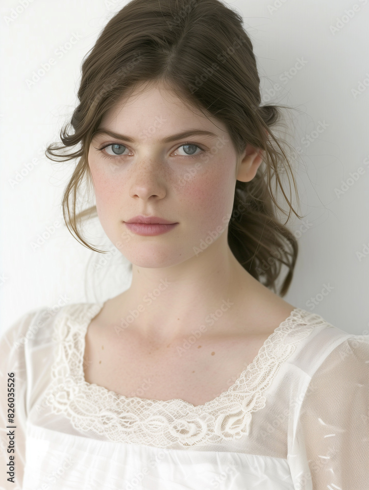 A young woman with a doll-like complexion poses for a close-up portrait. Her flawless skin and soft makeup create a dreamy, ethereal look.