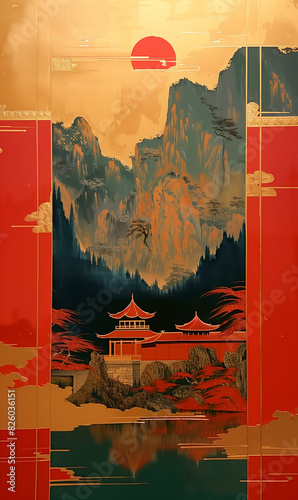 painting of a mountain scene with a pagoda and a lake