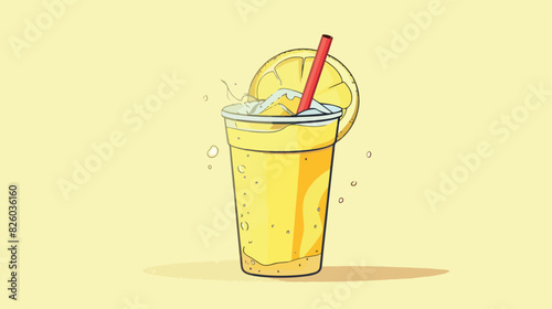 Lemonade in plastic cup with red straw. Cartoon drink