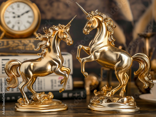 there are two golden statues of horses on a table