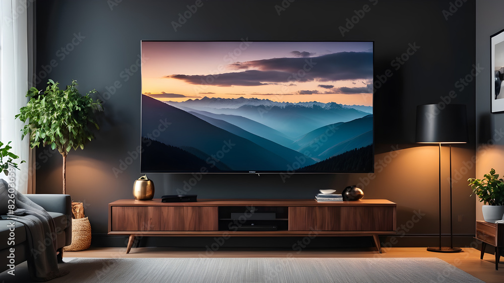 Blank modern flat screen TV hanging on wall in living room, Generative AI Blank modern flat screen TV hanging on wall in living room, Generative AI