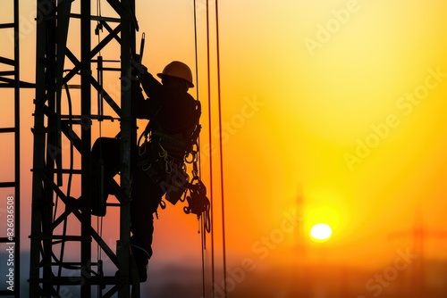 Safety in Action: Electrician Fixing Power Line at Sunset © Luba