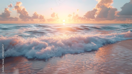 Natural beauty of a tranquil beach at sunset with gentle waves under a clear sky