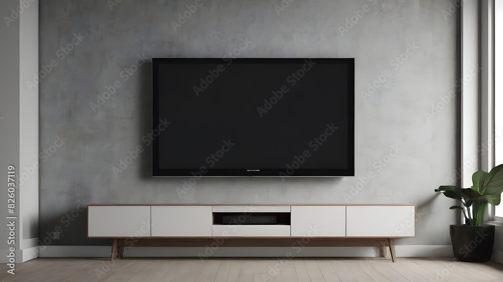 Blank modern flat screen TV hanging on wall in living room, Generative AI Blank modern flat screen TV hanging on wall in living room, Generative AI