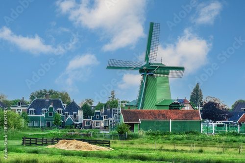 Traditional Dutch windmills in the rural landscape of Zaanse Schans
