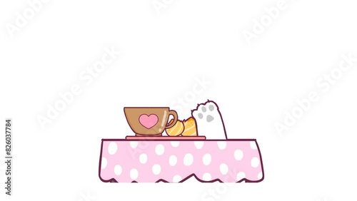 Animated Little Cat Stealing Food on Table - White Background