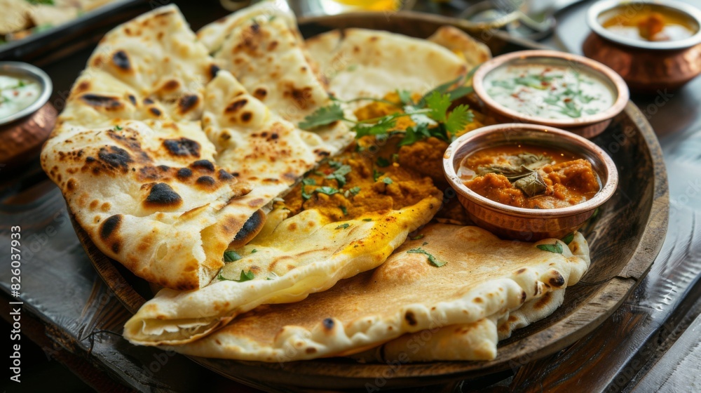 A tantalizing platter of assorted Indian bread, including naan, roti, and paratha, served with flavorful curries and chutneys, a staple of Indian cuisine. A tantalizing platter of assorted Indian bread, including naan, roti, and paratha, served with flavorful curries and chutneys, a staple of Indian cuisine.