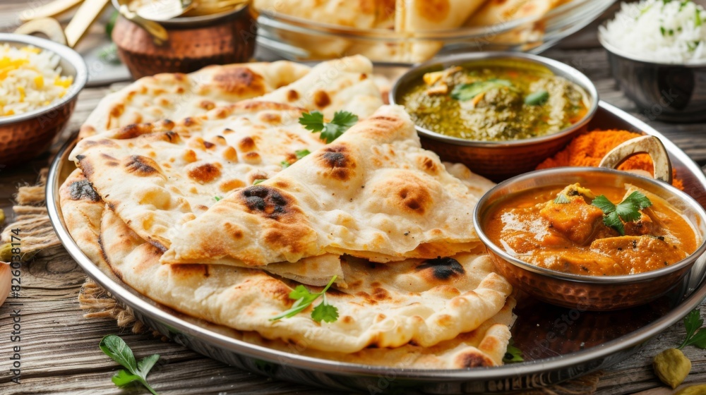 A tantalizing platter of assorted Indian bread, including naan, roti, and paratha, served with flavorful curries and chutneys, a staple of Indian cuisine. A tantalizing platter of assorted Indian bread, including naan, roti, and paratha, served with flavorful curries and chutneys, a staple of Indian cuisine.