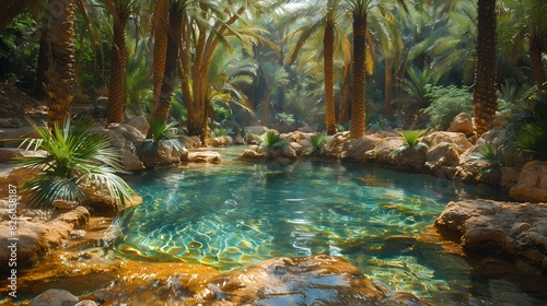 A hidden gem of a green oasis in the desert  with a palm tree grove surrounding a tranquil pool of water  providing relief from the arid surroundings